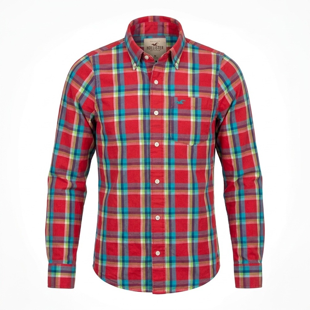 Y2K Hollister Mens Red Plaid‎ Long Sleeve Button Down Shirt Epic Flex Medium